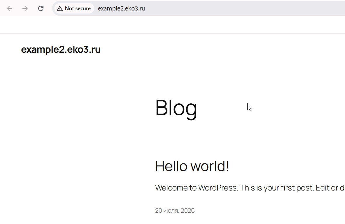 Свежий WordPress: стартовая страница «Hello world»