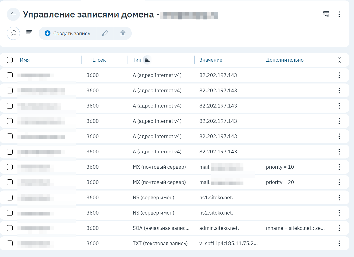 Список DNS-записей домена: кнопка «Создать запись», колонки Имя, TTL, Тип, Значение