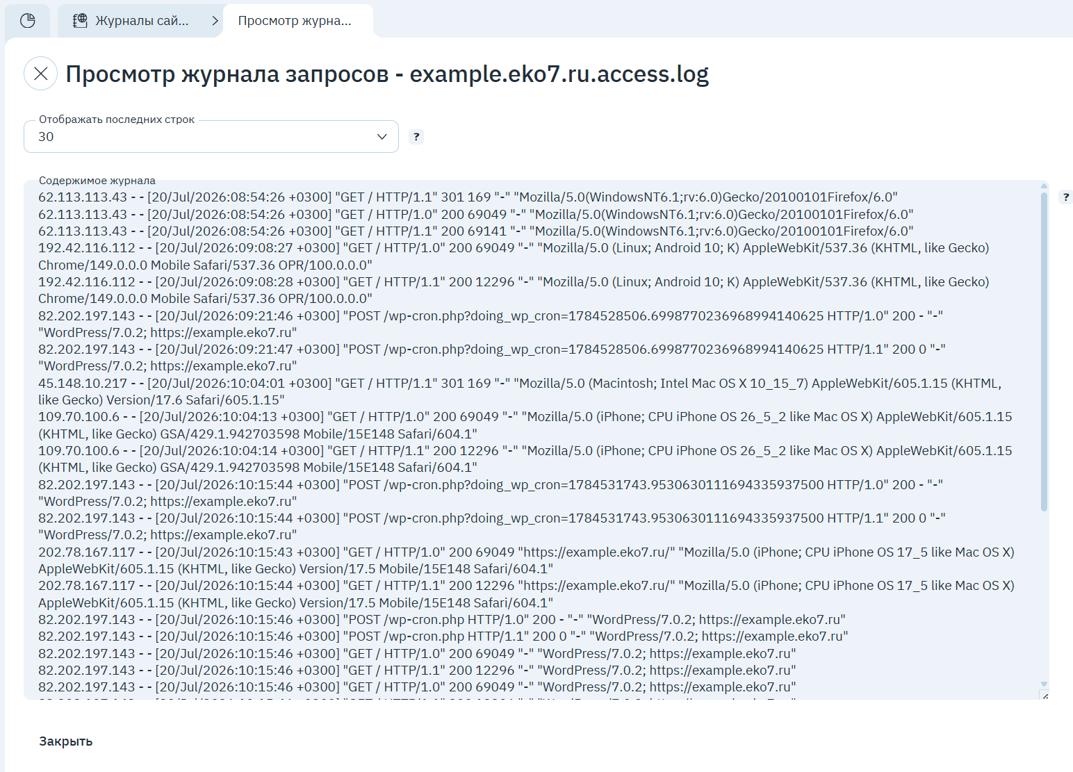 Просмотр access.log: запросы посетителей с кодами ответа