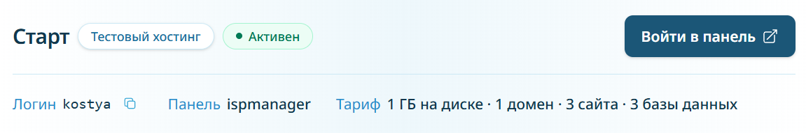 Карточка хостинга: кнопка «Войти в панель»