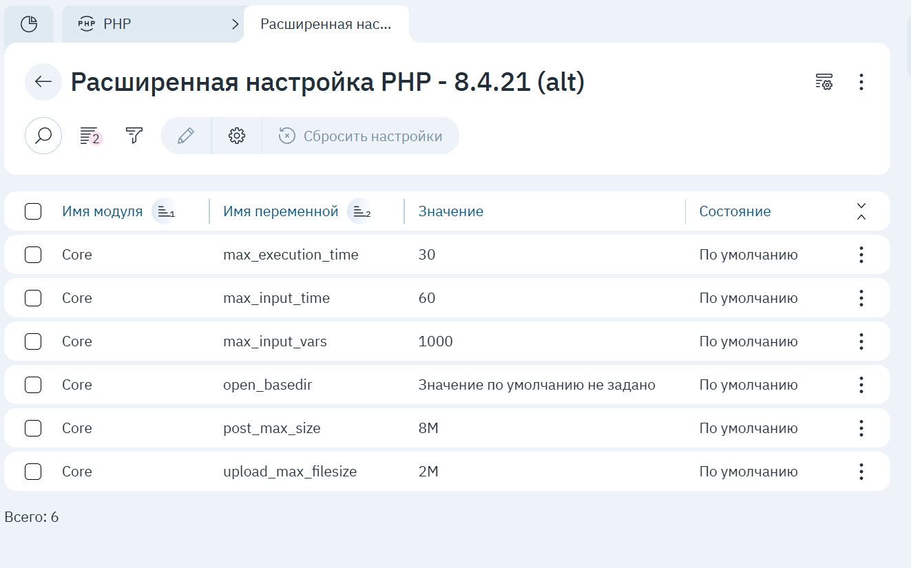 Таблица «Расширенная настройка PHP»: переменные Core с текущими значениями