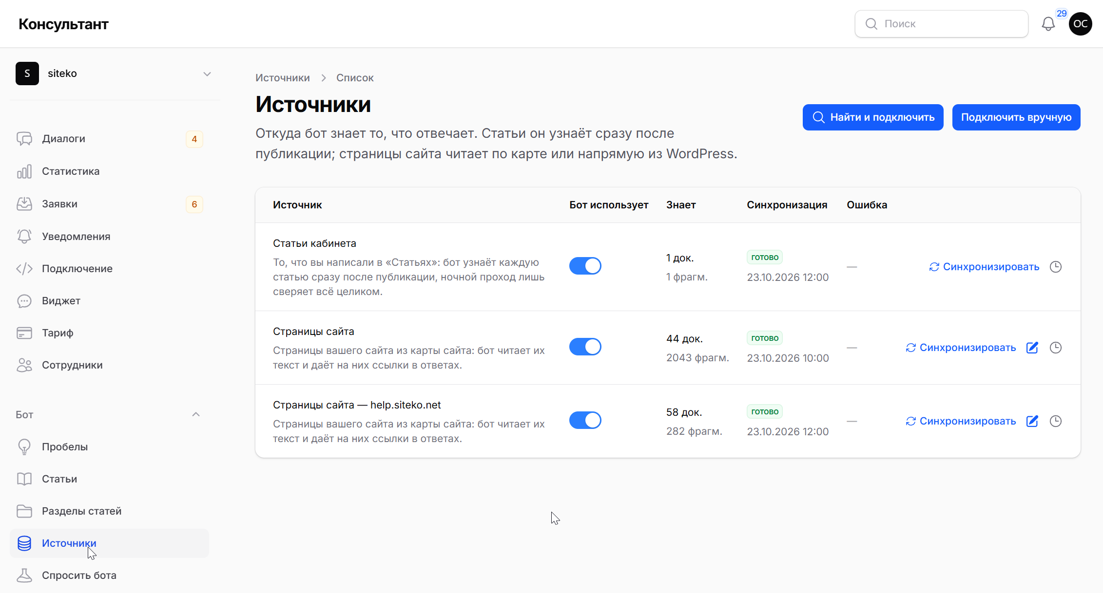 Раздел «Источники» в кабинете бота: список источников, сколько бот знает и когда была последняя синхронизация
