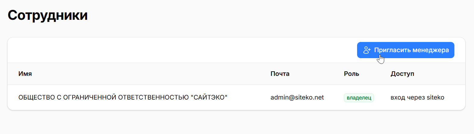 Раздел «Сотрудники»: список людей и кнопка «Пригласить менеджера»