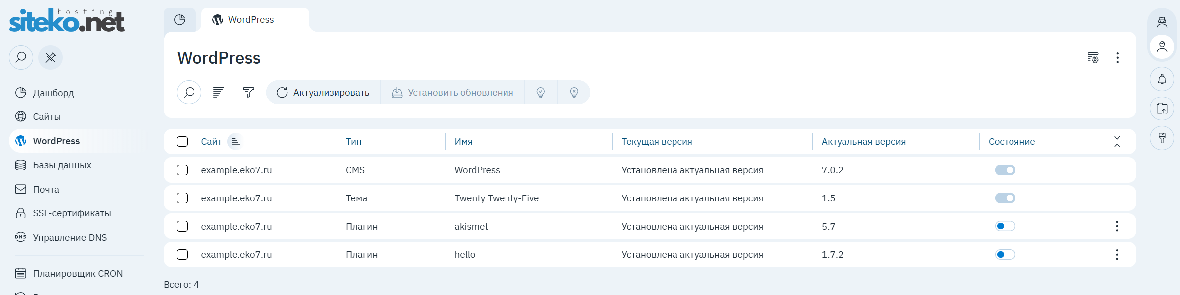 Раздел «WordPress» в панели: ядро, темы и плагины с версиями и состоянием